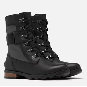 Black Sorel “WOMEN'S EMELIE™ CONQUEST BOOTIE” side zip lace up winter boots